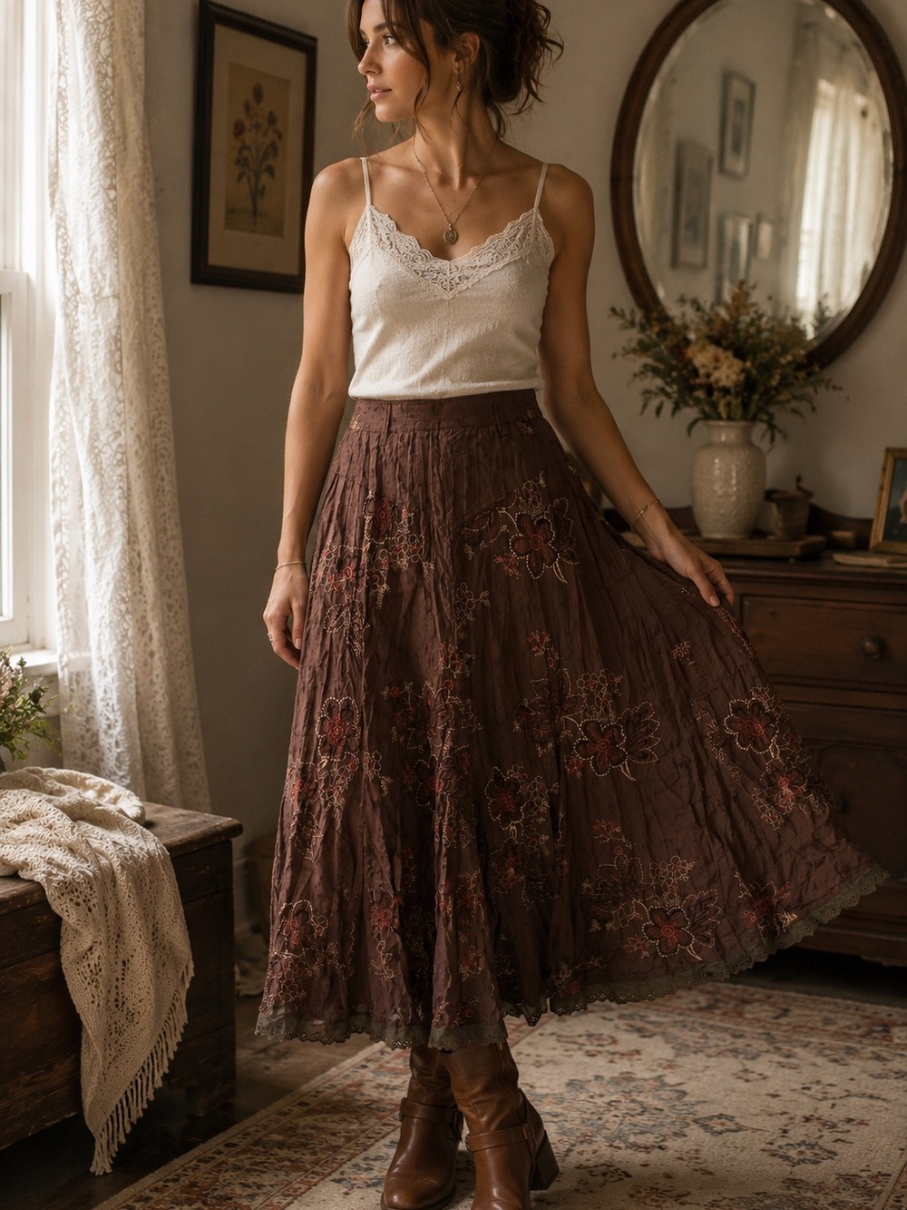 Brown Embroidered Boho Prairie Midi Skirt Size 9 Lined Whimsigoth Flowy Fairy